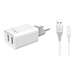 Charger Adaptor Travel Lightning 2x USB 2.1A White